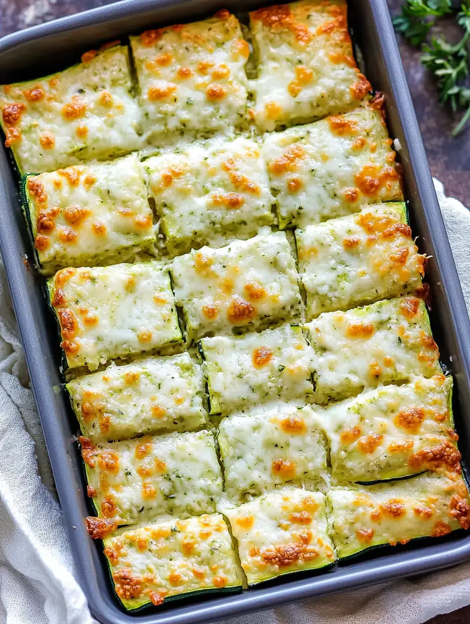 Plat de lasagnes de courgettes au four dans un plat gris, découpé en carrés, fromage fondu bien doré dessus.