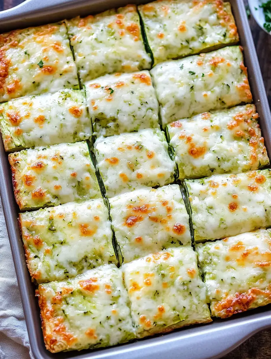 Gros plan sur un plat rectangulaire rempli de carrés de lasagnes de courgette, recouverts de fromage doré.