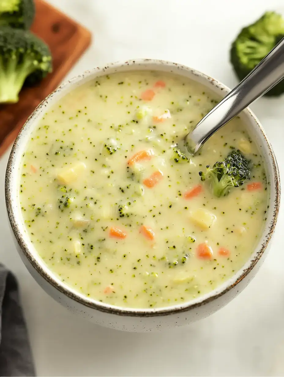 Un bol crémeux de soupe aux brocolis et légumes avec des morceaux de pommes de terre et de carottes, à côté de brocoli frais.