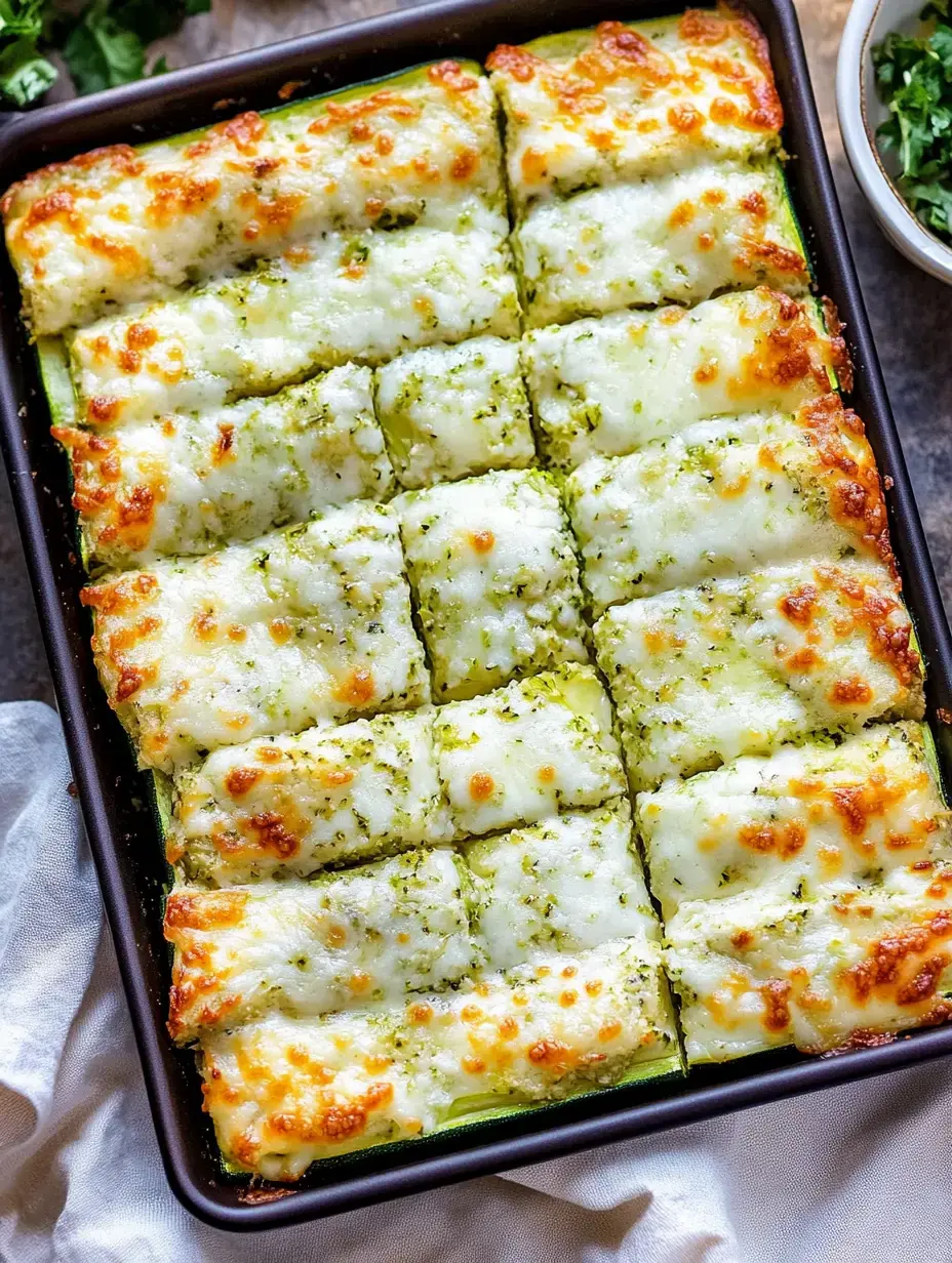 Un plat rôti rempli de rectangles de courgettes au fromage fondu et au pesto.