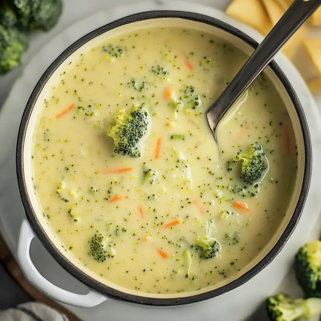 Un bol crémeux de soupe fromage brocolis avec des morceaux de brocolis et de carottes, accompagné d'une cuillère en métal.