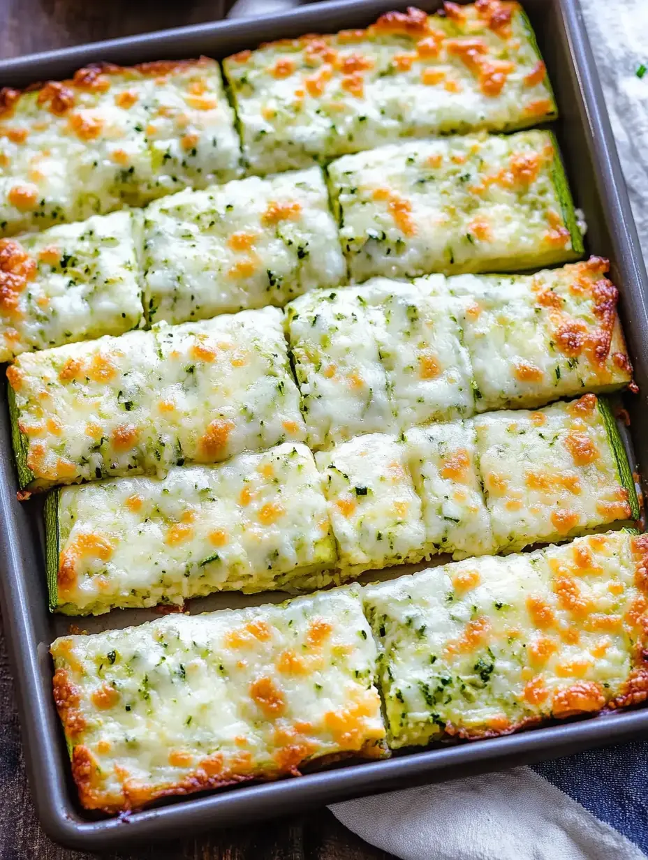 Un plat rectangulaire garni de morceaux de courgettes cuites, gratinées au fromage et aux herbes.