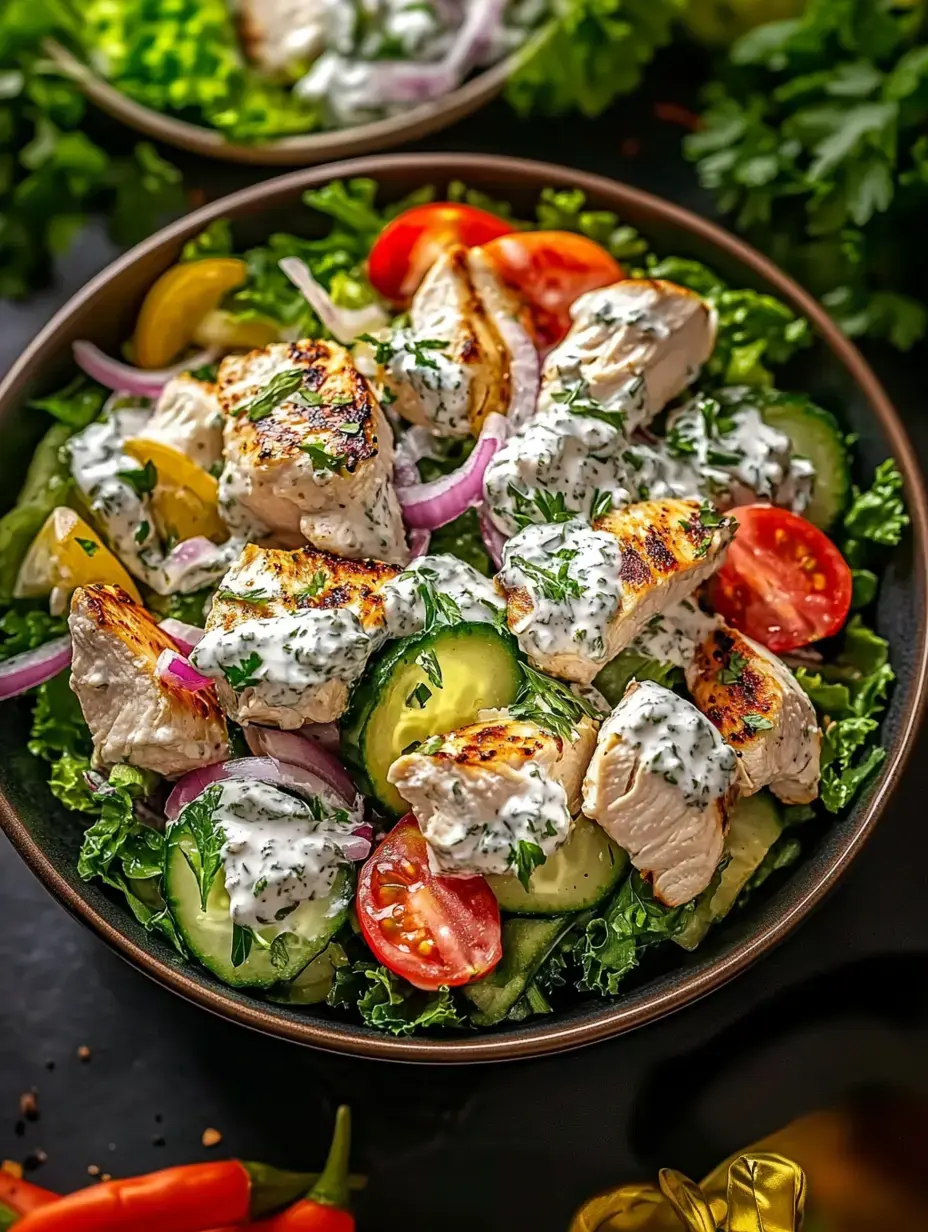 Une salade colorée avec poulet grillé, concombres, tomates cerise, oignon rouge émincé et sauce crémeuse aux herbes sur un lit de verdure.