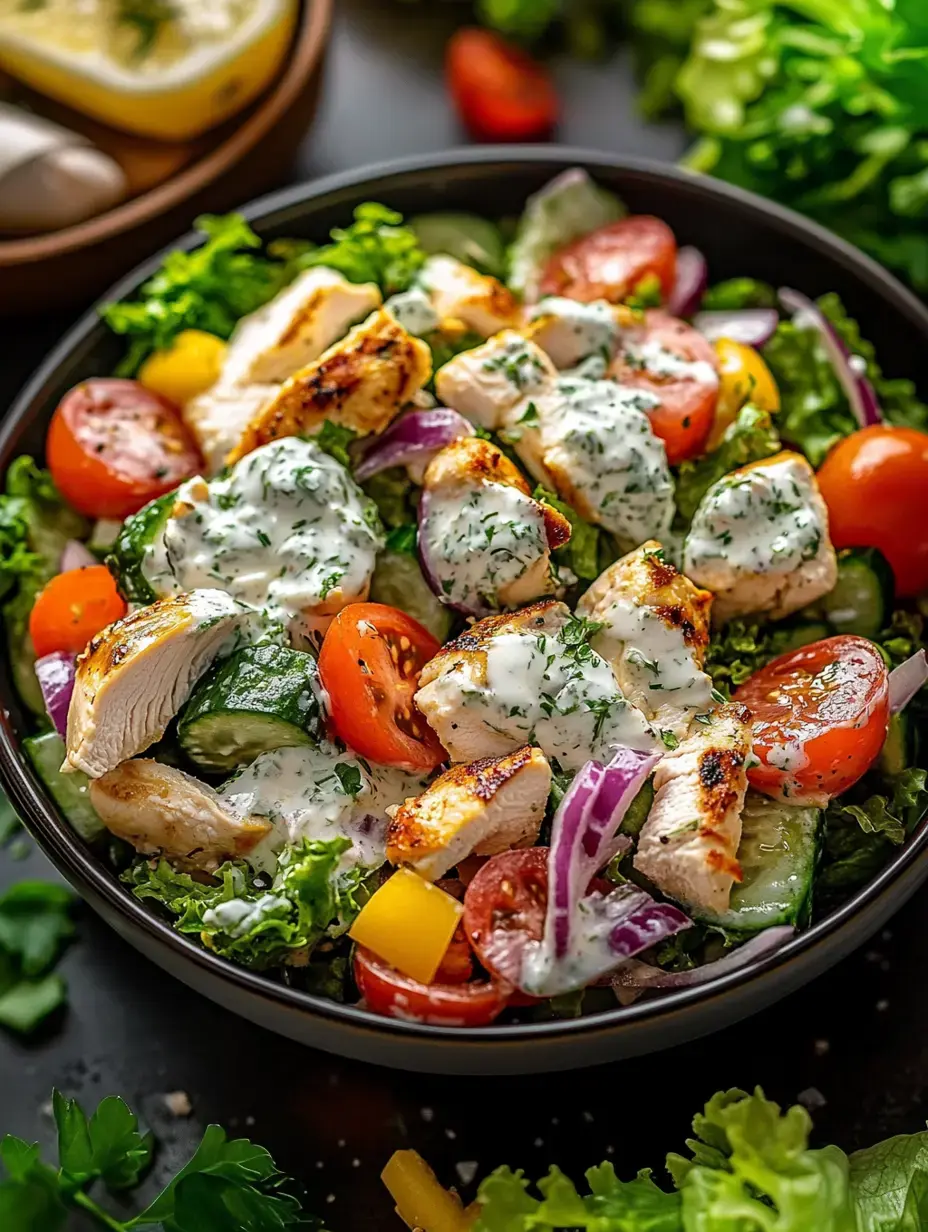 Salade colorée avec poulet grillé, tomates cerise, concombres et sauce crémeuse, servie dans un bol foncé.