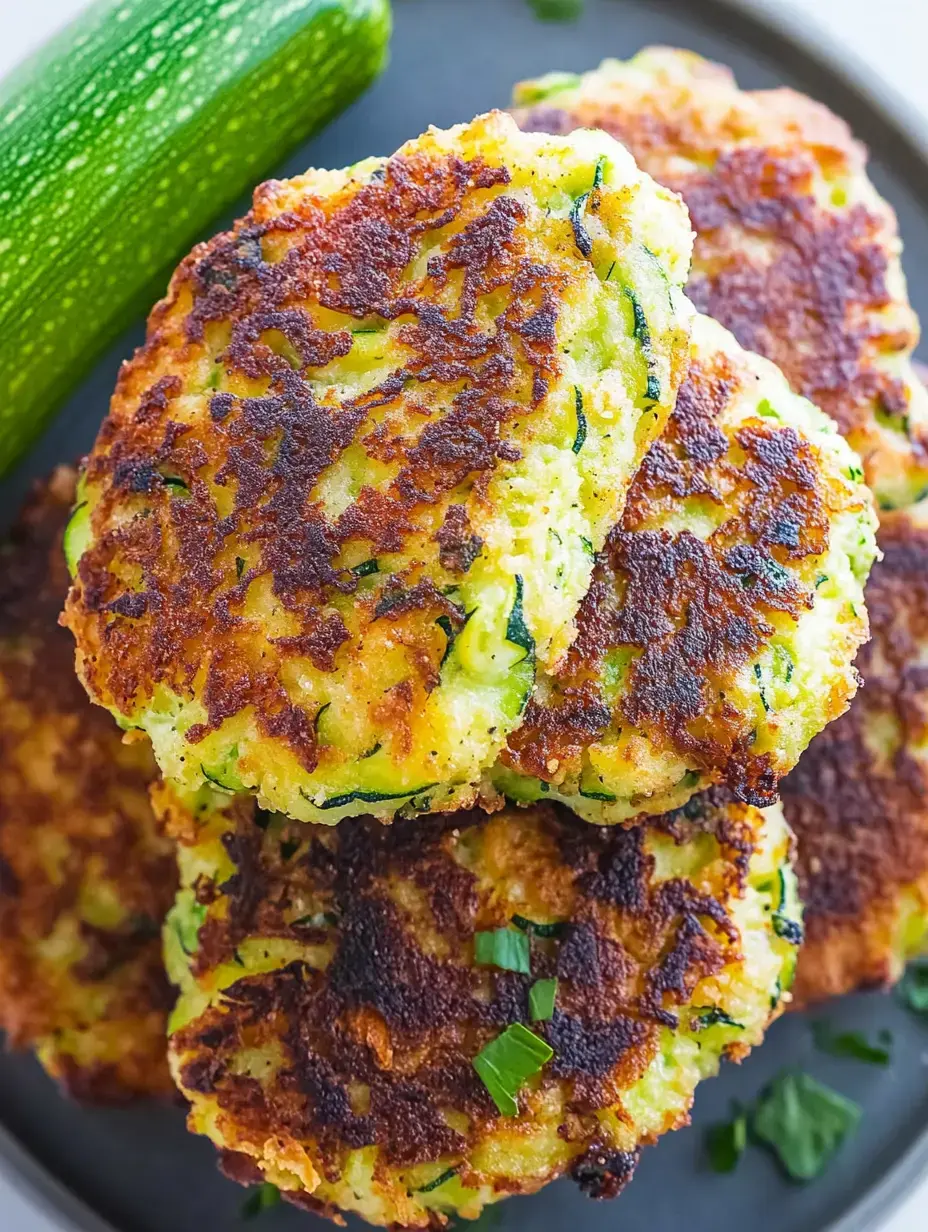 Des beignets de courgette dorés empilés, parsemés d’herbes hachées, à côté d’une courgette entière sur une assiette sombre.