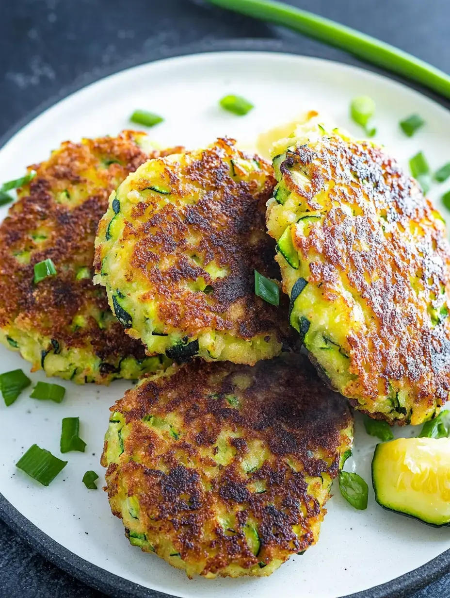 Une assiette de beignets de courgette dorés avec des oignons verts ciselés et des rondelles de courgette.
