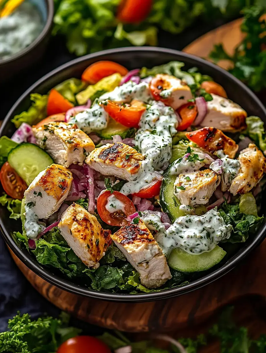 Salade colorée avec poulet grillé, tomates cerise, concombres et sauce crémeuse, servie dans un bol foncé.