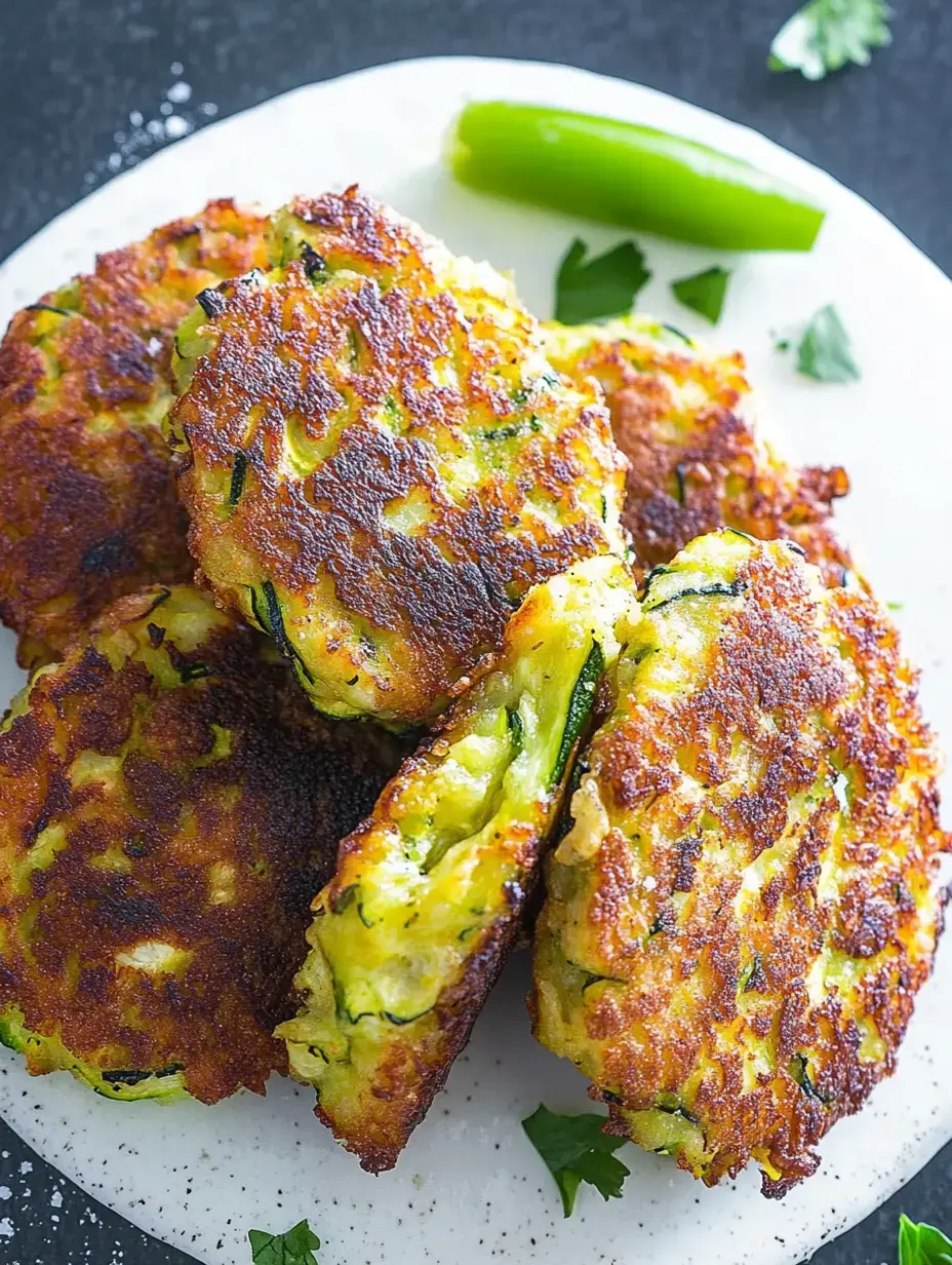 Une assiette de beignets de courgette dorés, décorés de poivron vert et d’herbes fraîches.