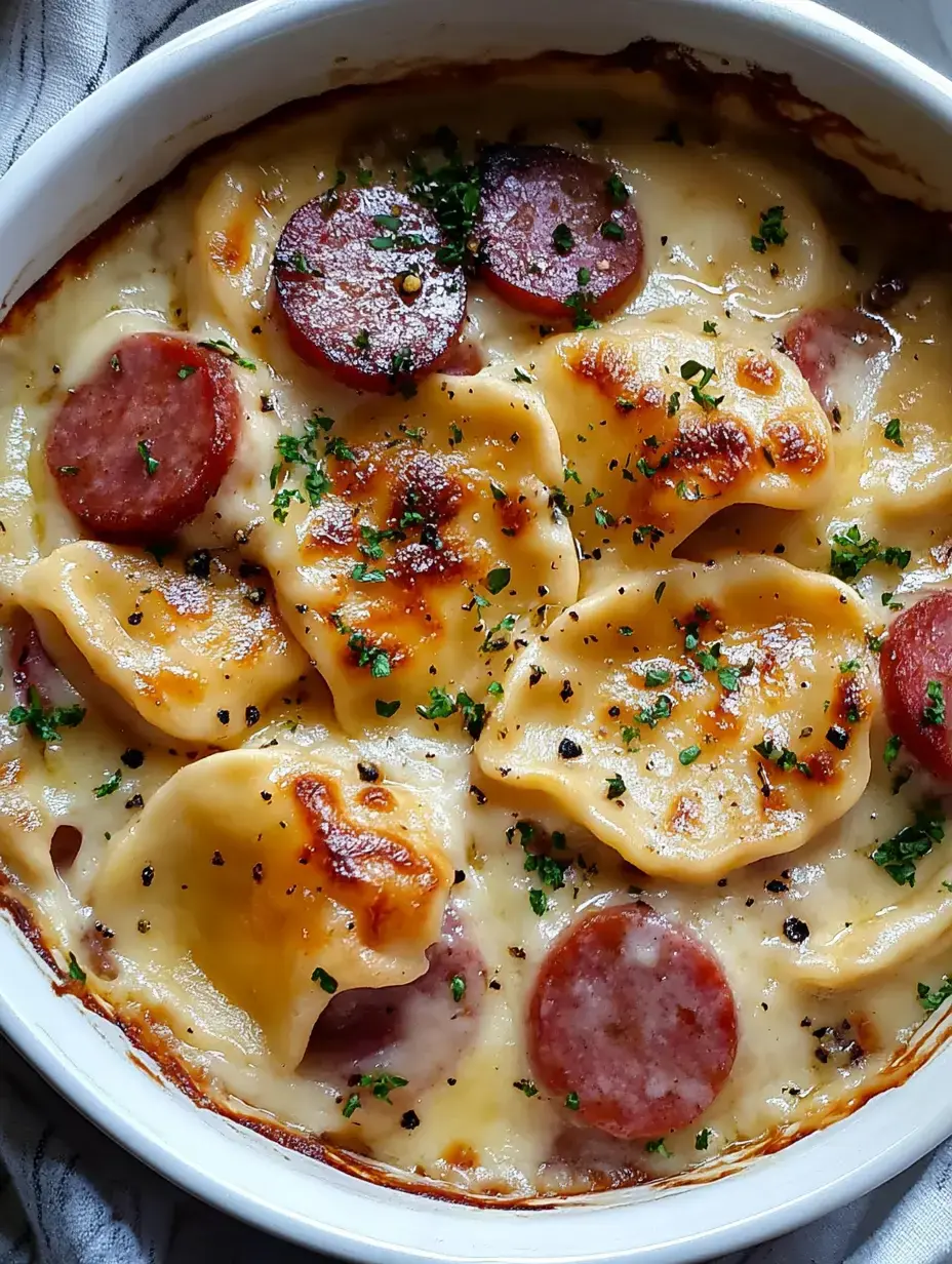 Un gratin généreux avec des pâtes farcies au fromage, des rondelles de saucisse fumée, et une croûte dorée aux herbes.