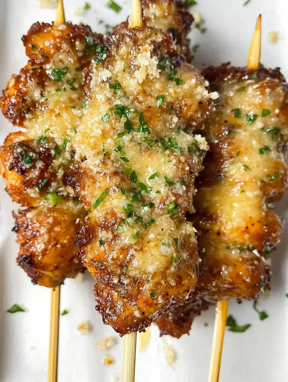 Trois morceaux de poulet grillé sur brochettes, nappés de sauce dorée et de fines herbes sur une assiette blanche.