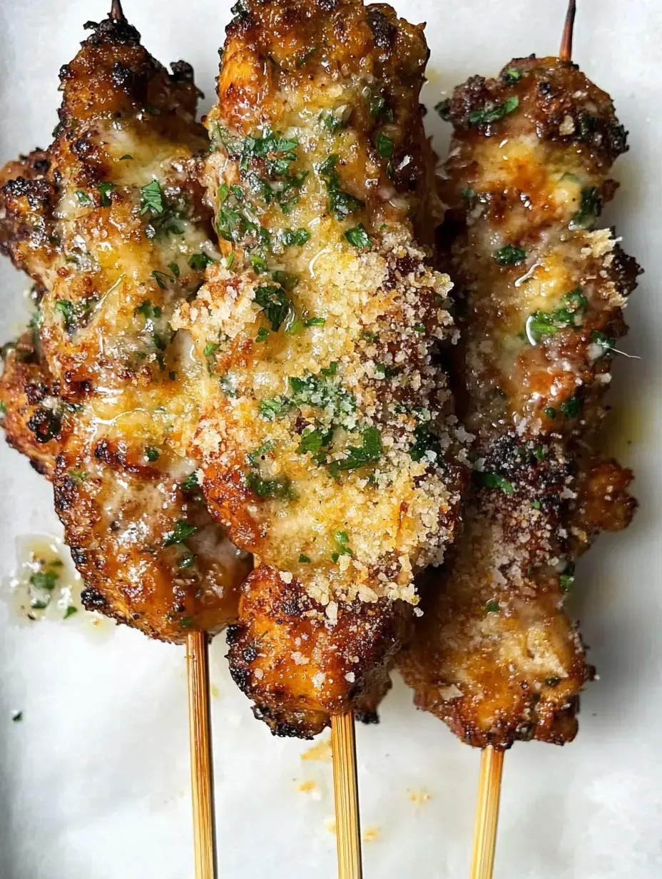 Brochettes de poulet grillées croustillantes avec des herbes fraîches en déco.