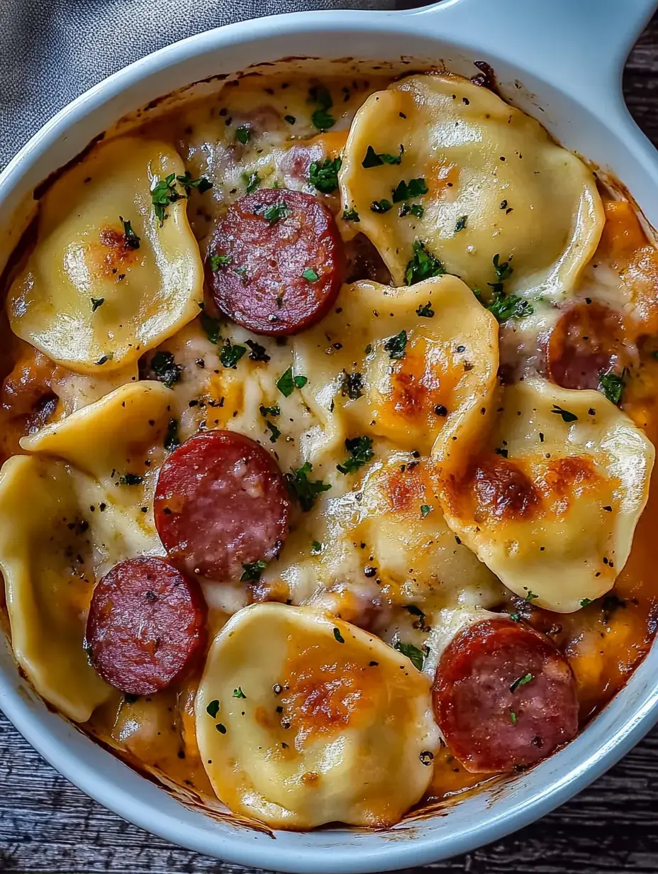 Un gratin crémeux avec des pâtes farcies au fromage, des tranches de saucisse ou pepperoni, et du persil frais sur le dessus.