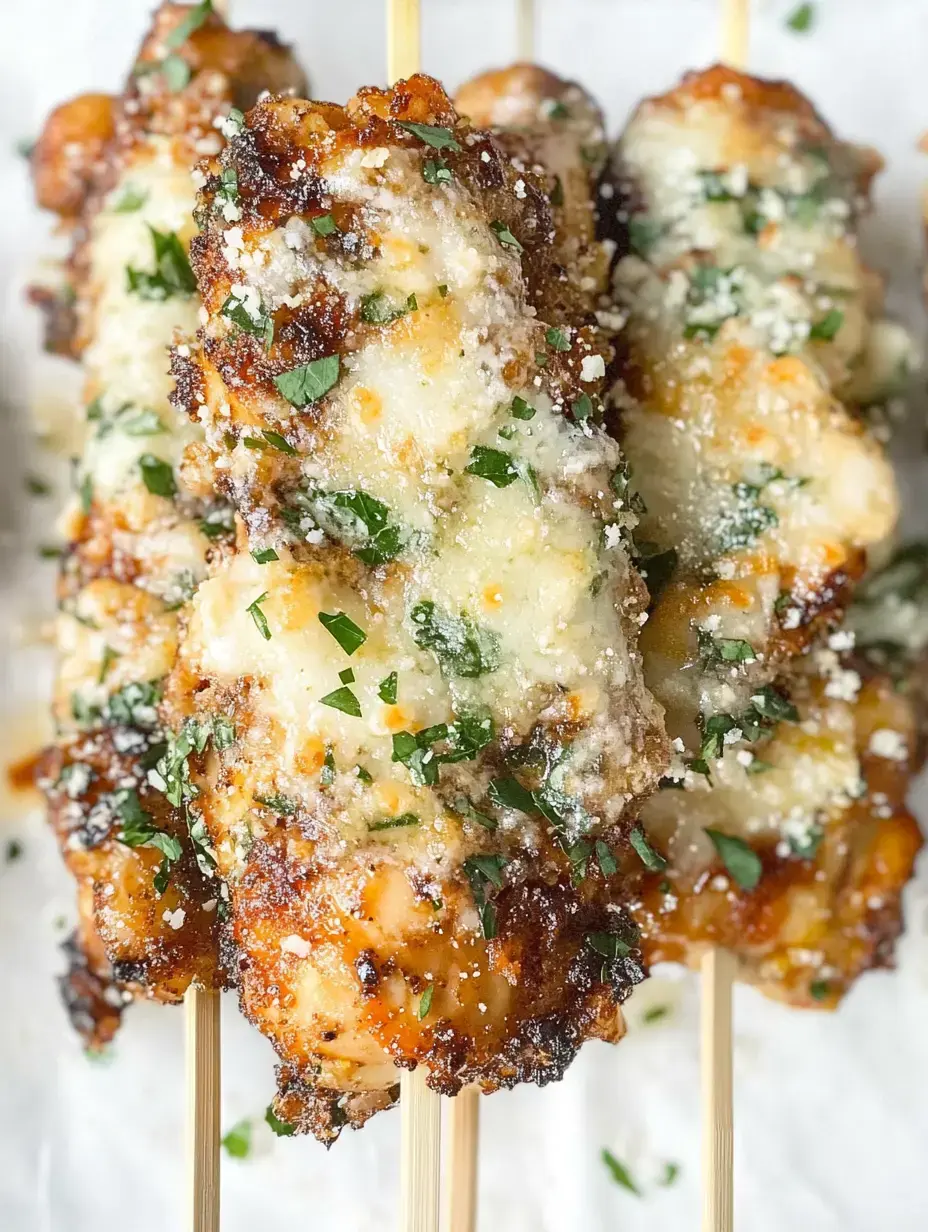 Brochettes de poulet grillé recouvertes de fromage fondu et de persil ciselé.