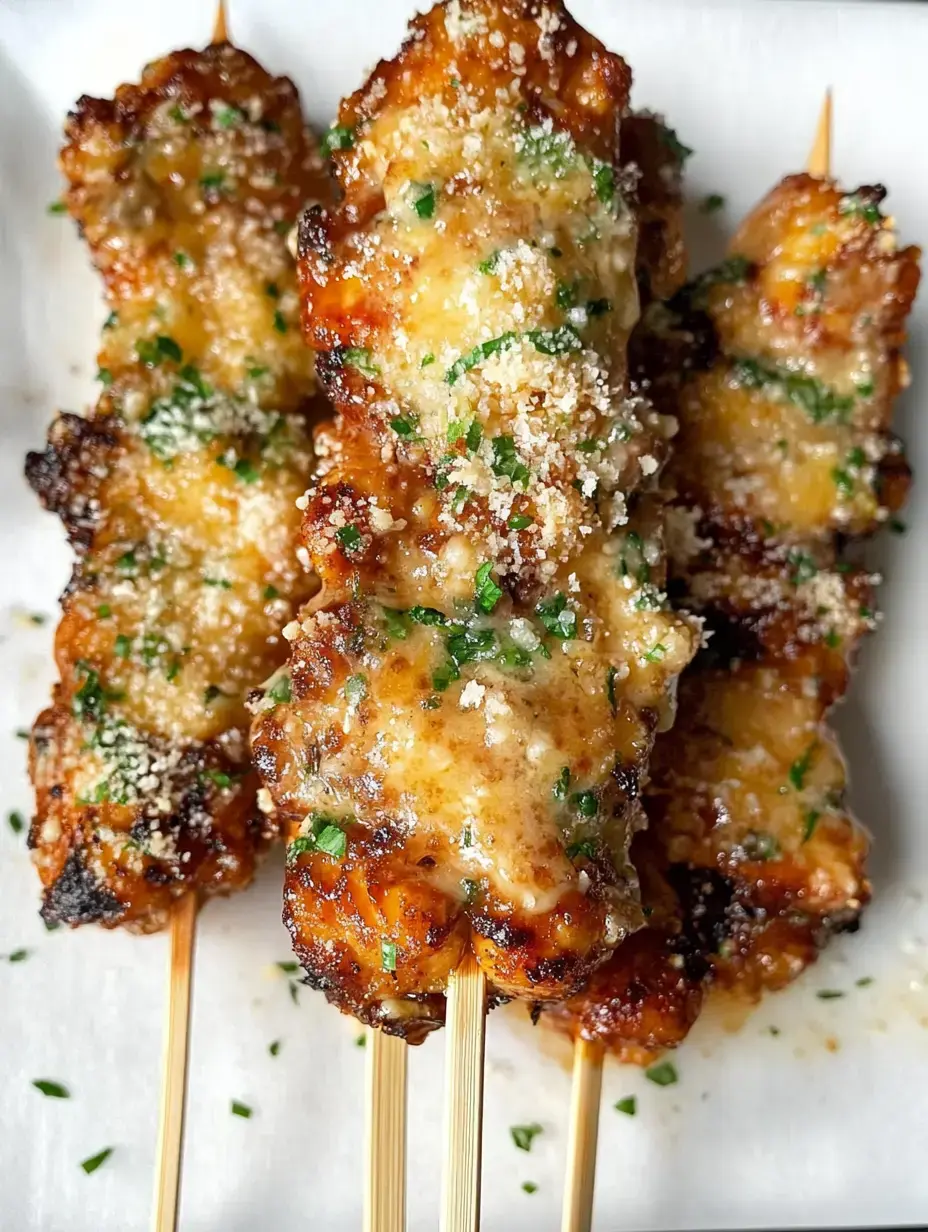 Brochettes de poulet grillées recouvertes de fromage fondu, herbes et chapelure sur un fond blanc.