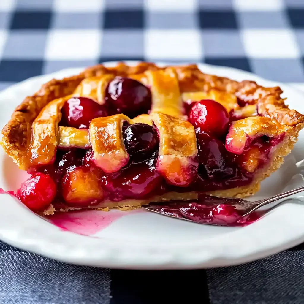 Une part de tarte aux fruits rouges sur une assiette blanche, avec une garniture brillante et une croûte en tresses, sur une nappe à carreaux.