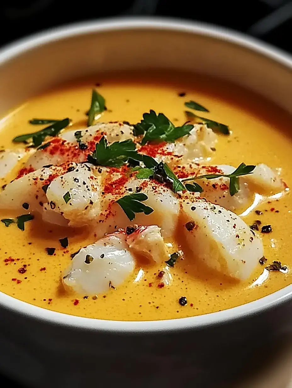 Un bol de soupe crémeuse avec des morceaux de fruits de mer, saupoudré de paprika et de persil frais.