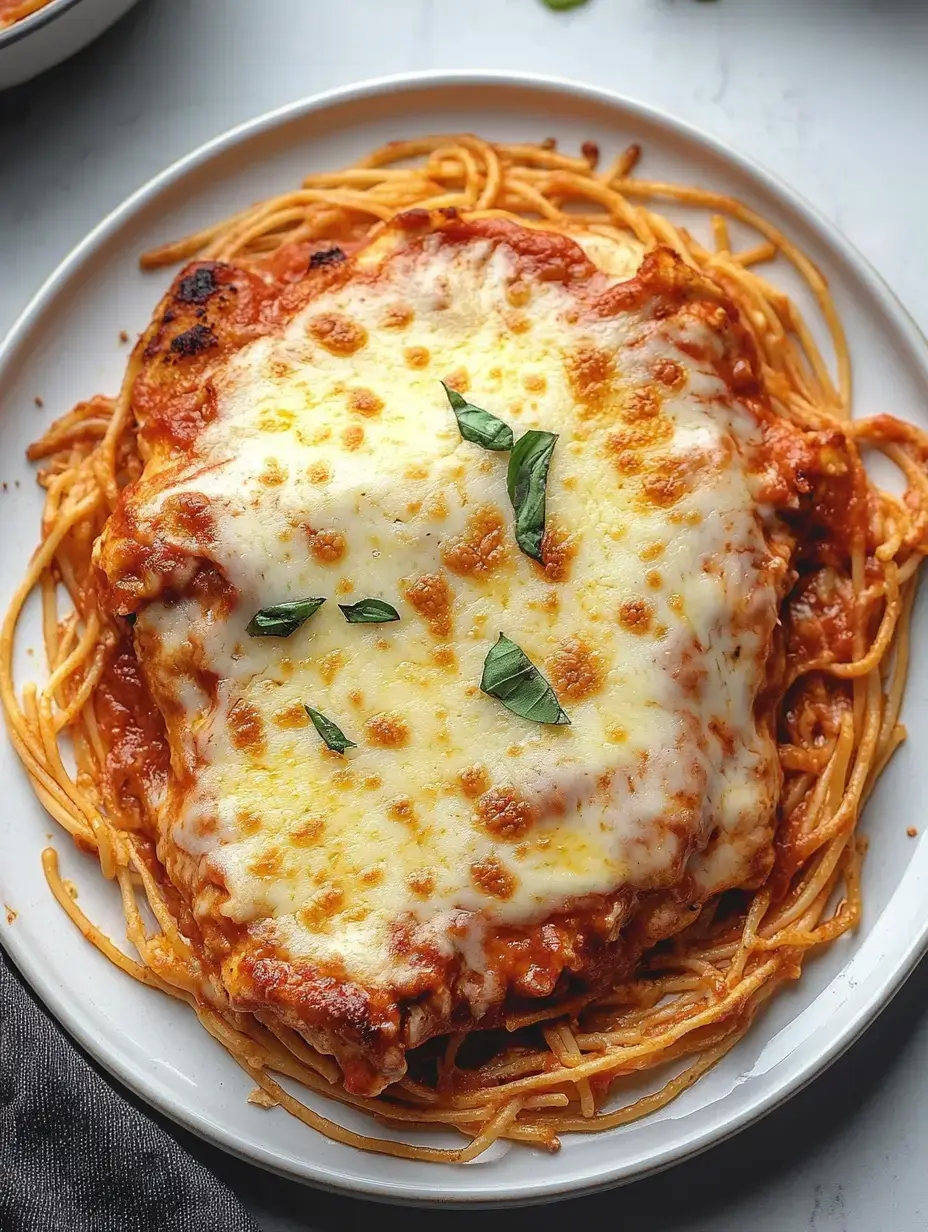 Une assiette de spaghettis recouverts de fromage fondu, sauce tomate, un peu de basilic frais.