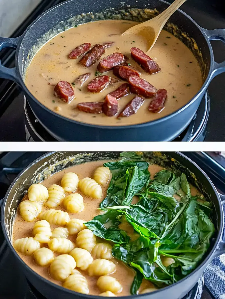 Une marmite sur le feu contient une sauce crémeuse avec des rondelles de saucisse, des gnocchis et des épinards frais en train de cuire.