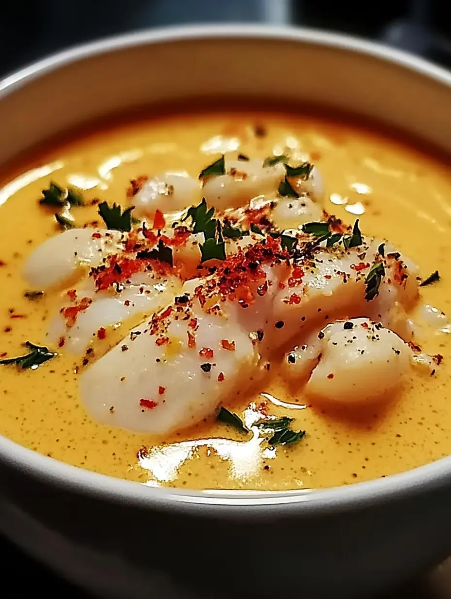 Un bol de soupe crémeuse garni de tranches de poisson, d'herbes et de flocons de piment rouge.