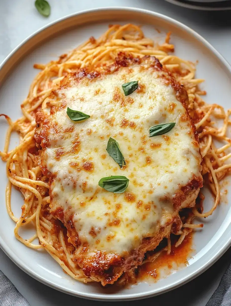 Une assiette de spaghettis avec un filet de poulet pané, gratiné et basilic frais.
