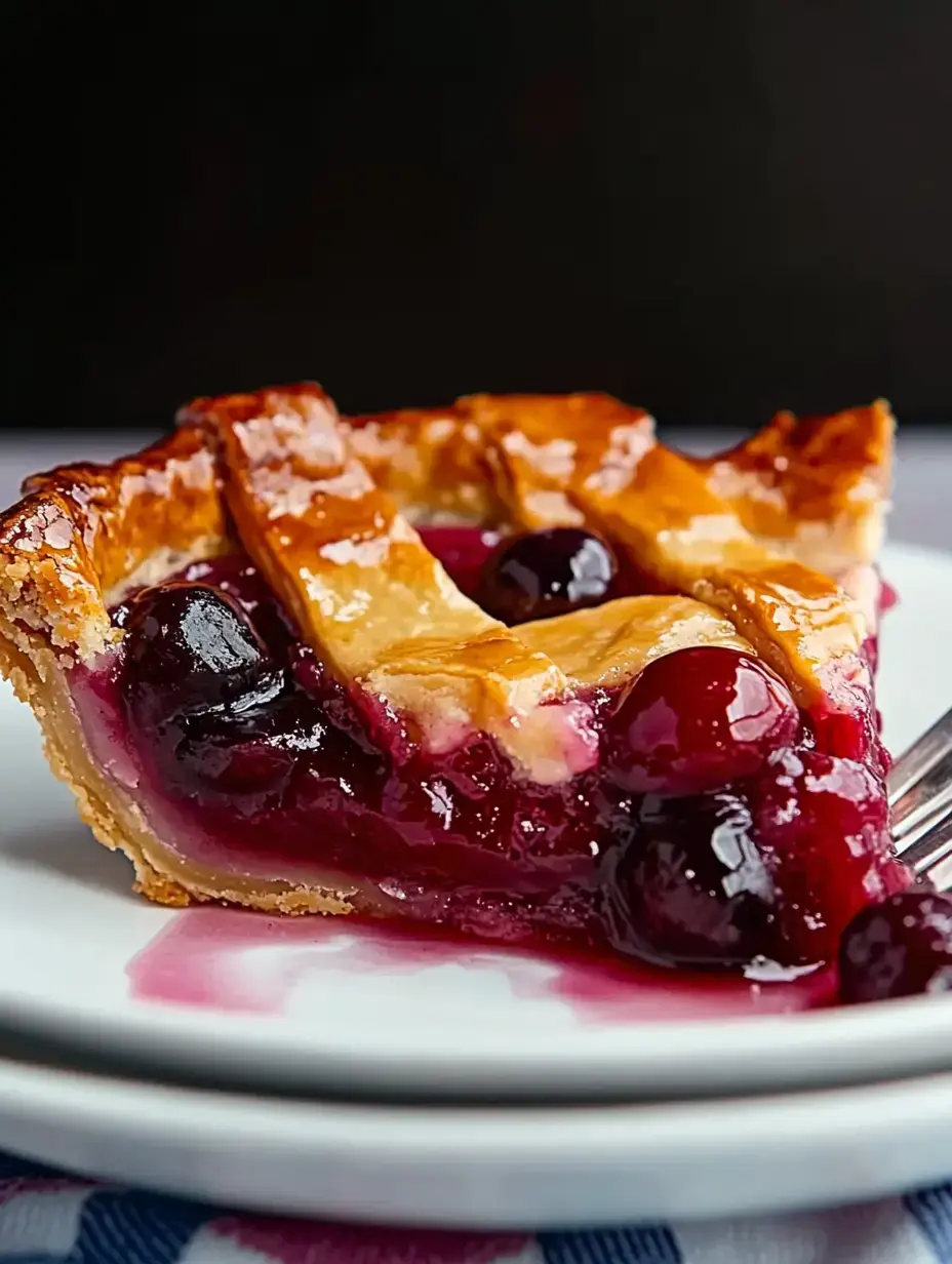 Une part de tarte aux fruits avec croûte dorée et garniture noire sur une assiette blanche.