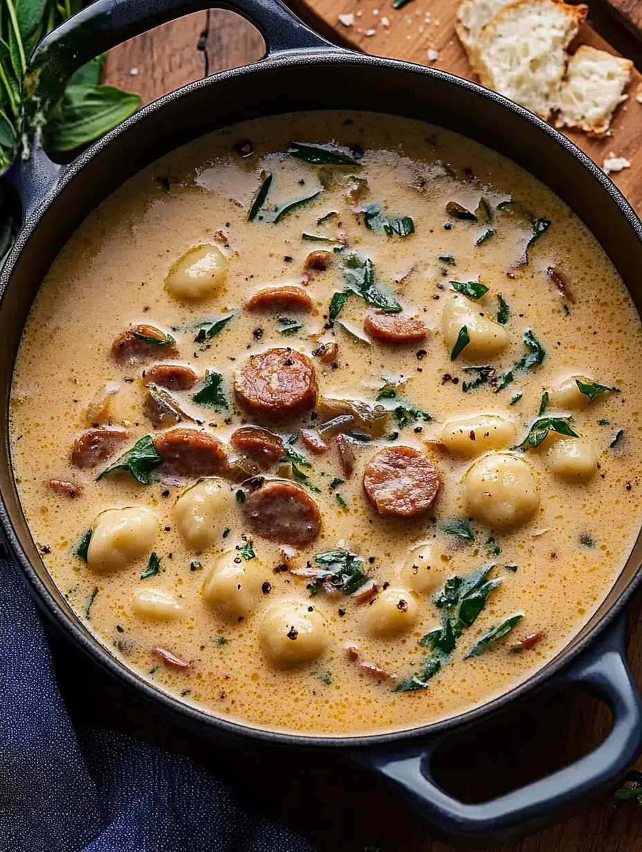 Une soupe crémeuse avec des gnocchis, des rondelles de saucisse et des verdures fraîches, servie dans une marmite foncée.