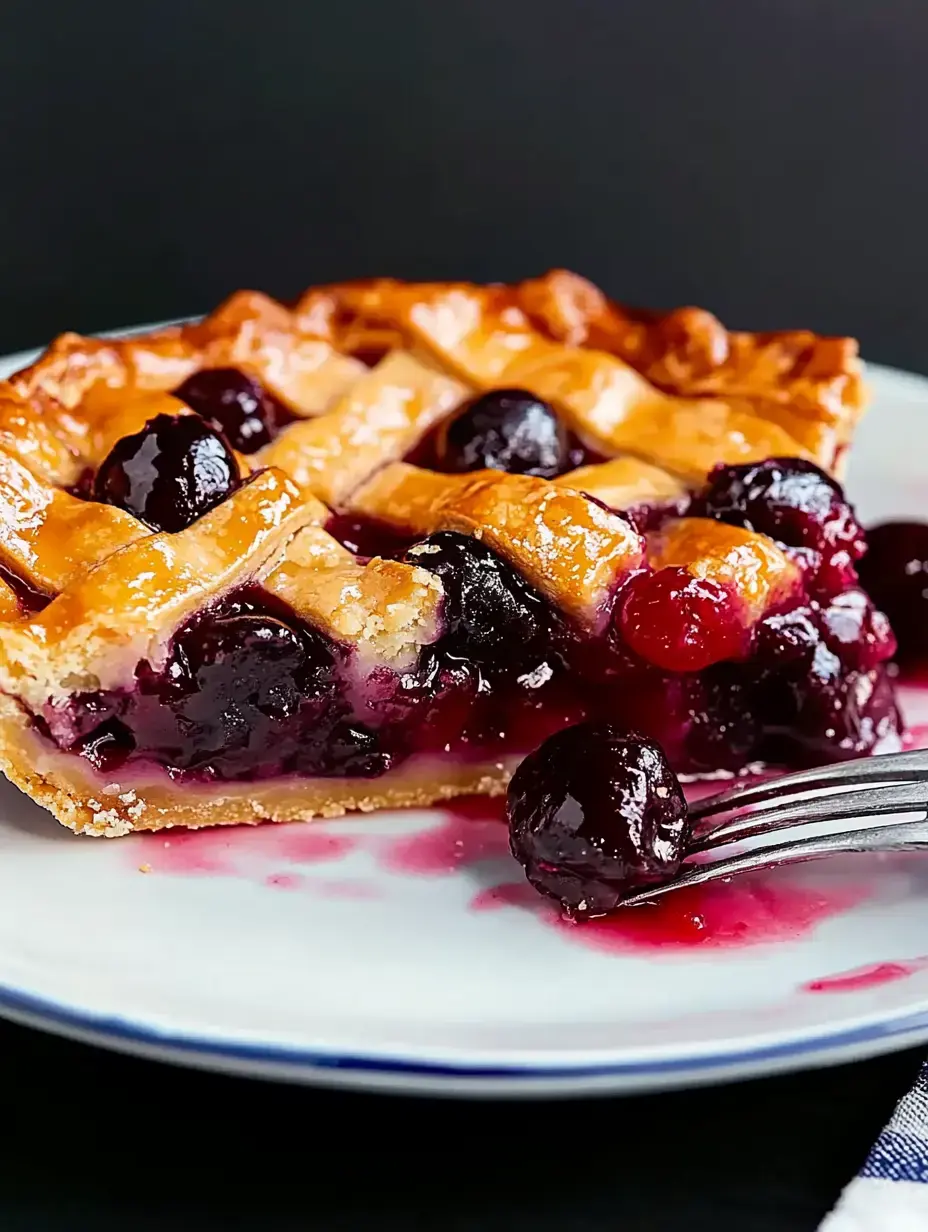 Une part de tarte aux fruits rouges avec croûte tressée dorée sur une assiette blanche, garniture violette et fruits éparpillés.