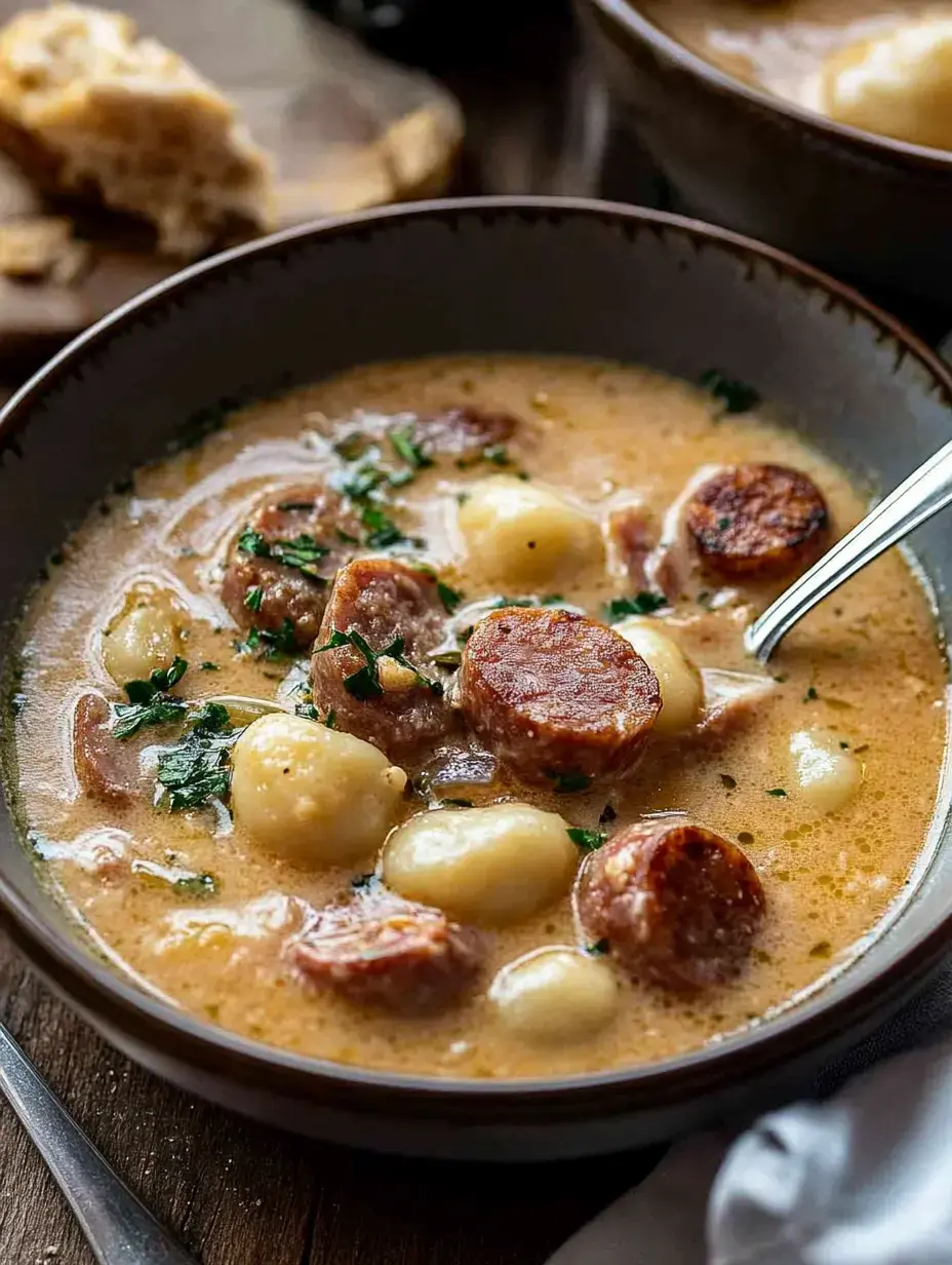Un bol de soupe crémeuse contenant des rondelles de saucisse et des gnocchis, garni d'herbes hachées.