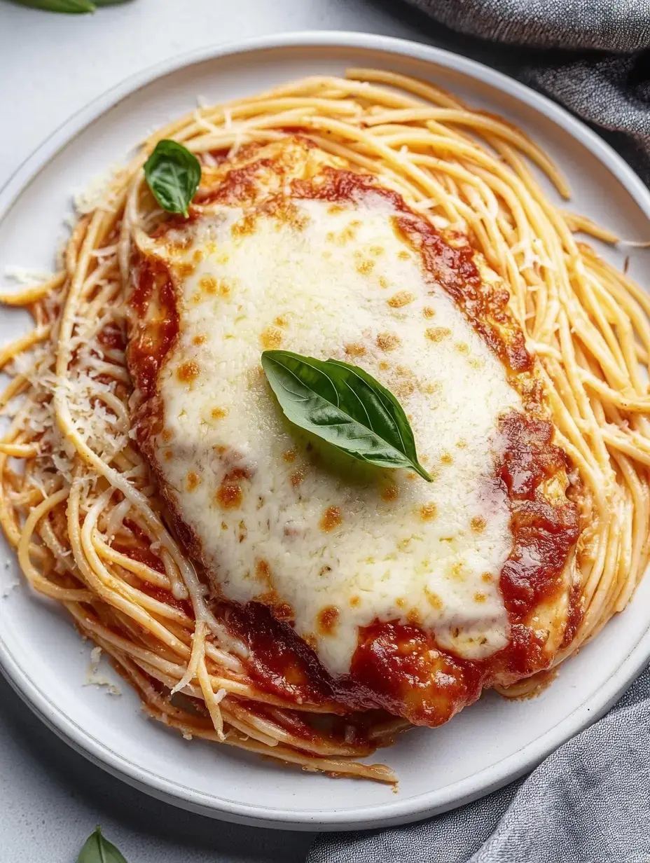 Spaghettis, sauce tomate, fromage fondu et basilic frais sur une assiette.