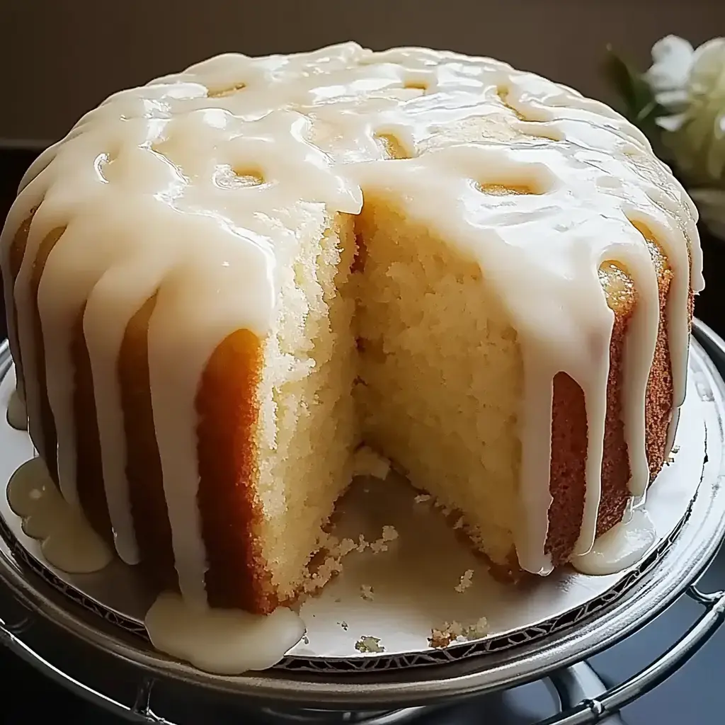 Un gâteau rond et moelleux couvert d’un glaçage brillant, avec une part retirée pour dévoiler sa pâte tendre.