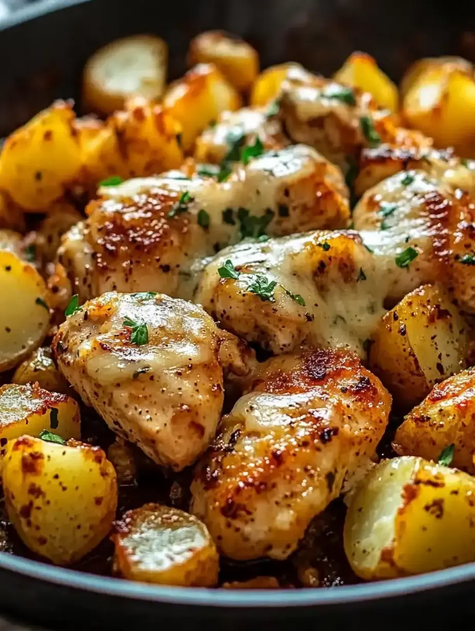 Gros plan d'une poêle remplie de morceaux de poulet doré et de pommes de terre croustillantes, parsemés d'herbes fraîches.