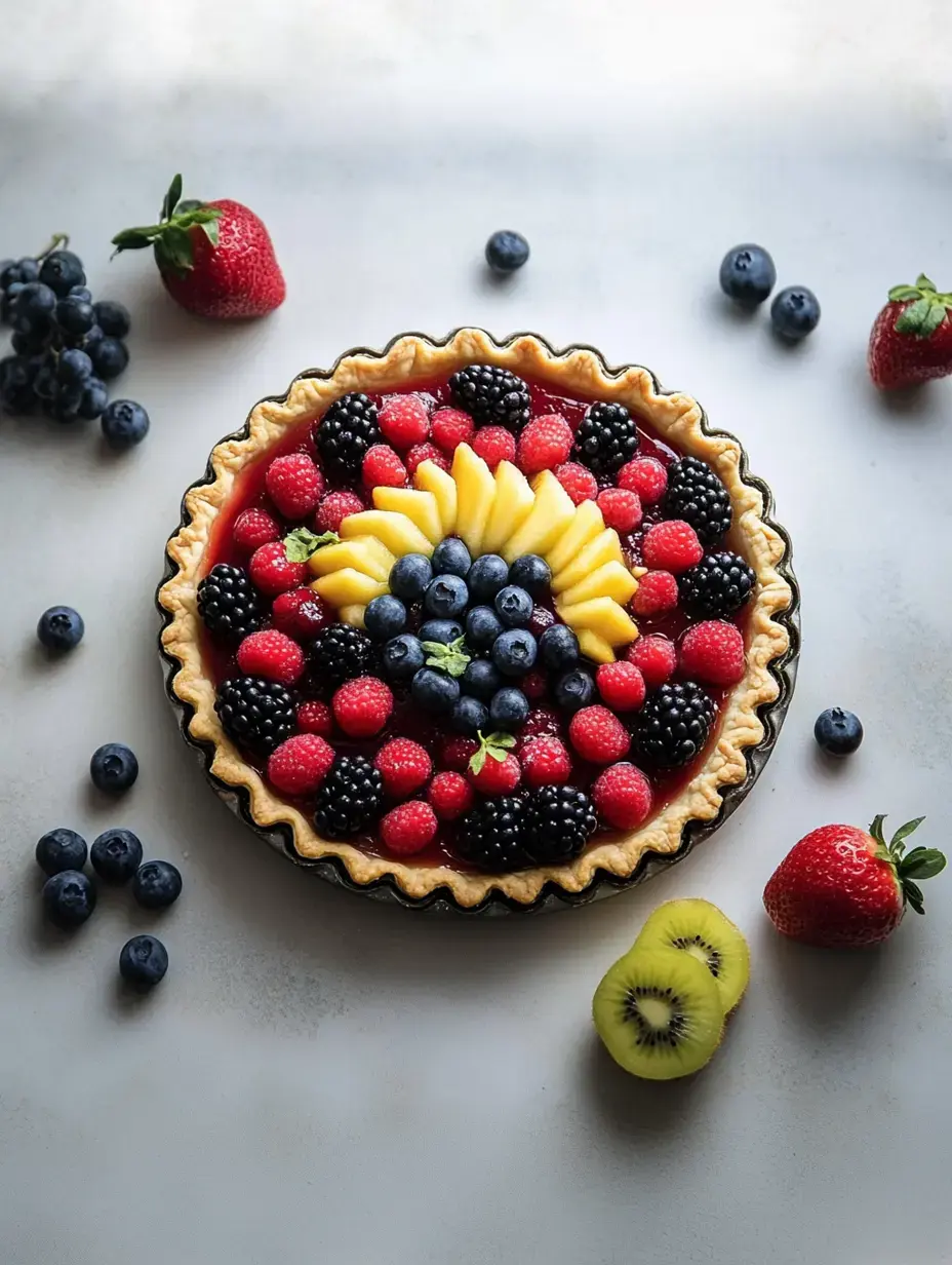 Une tarte aux fruits ultra colorée garnie de fraises, myrtilles, framboises, mûres et mangue, posée sur une surface claire entourée de fruits frais.