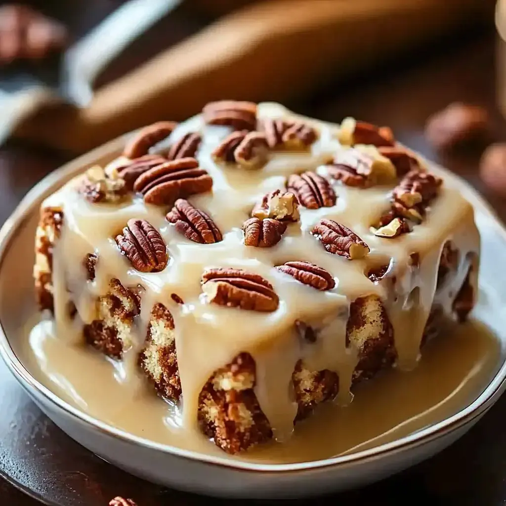Une part de gâteau nappée de glaçage crémeux et de pacanes posée sur une assiette.