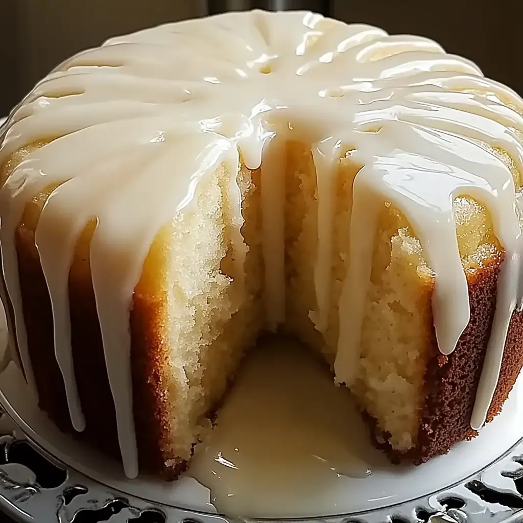 Un gâteau rond et givré, où il manque une part, montrant sa mie moelleuse et sa couche de glaçage brillant.