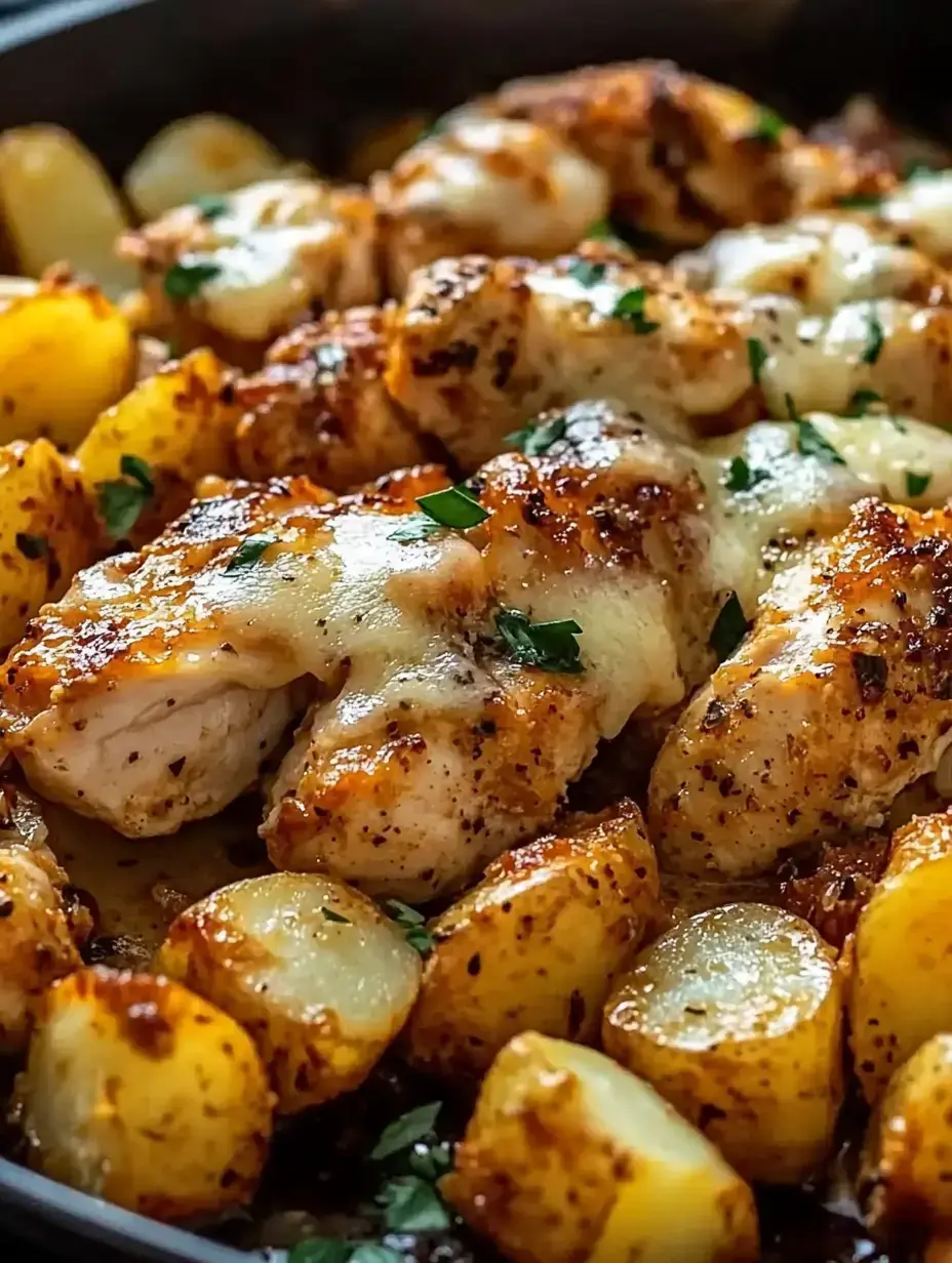 Gros plan de blancs de poulet cuits au four recouverts de fromage fondu, servis avec des pommes de terre dorées et du persil frais.