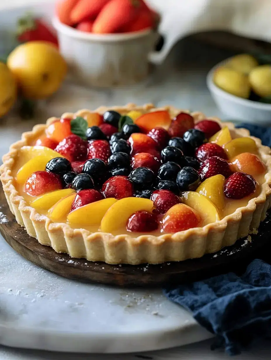 Une tarte aux fruits joliment décorée avec fraises, myrtilles, pêches et framboises sur une planche en bois.