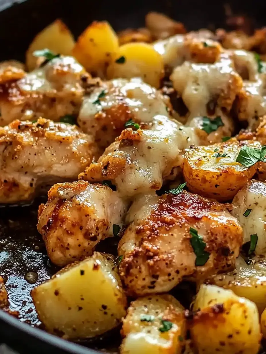 Gros plan de morceaux de poulet assaisonnés et recouverts de fromage fondu, entourés de pommes de terre rôties et de persil dans une poêle.
