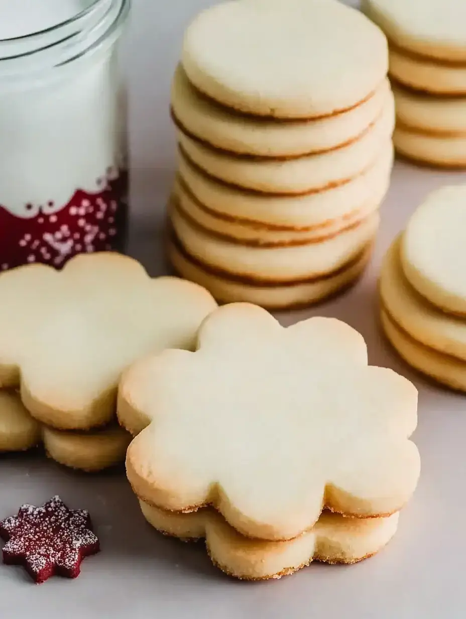 Une pile de biscuits ronds et en forme de fleur à côté d’un pot de lait orné de rouge pour les fêtes.