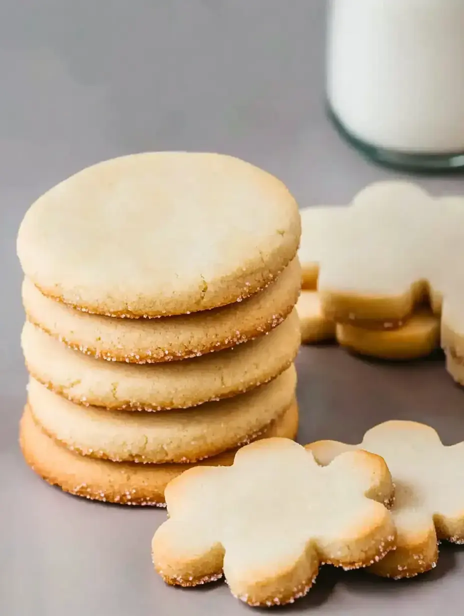 Un tas de biscuits ronds posés à côté de plusieurs biscuits fleurs sur une surface grise, avec un verre de lait derrière.