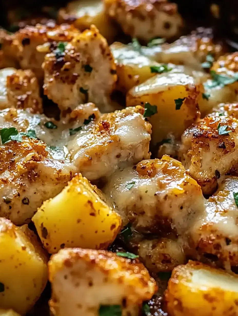 Gros plan de morceaux de poulet et de pommes de terre dorés à la poêle, recouverts de fromage fondu et d’herbes fraîches.