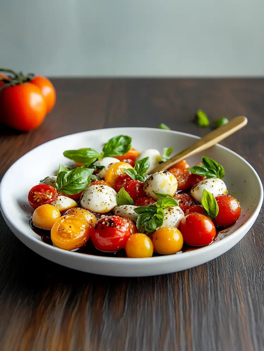 Un grand bol blanc débordant de tomates cerises colorées, billes de mozzarella, feuilles de basilic arrosées de vinaigre balsamique, une cuillère en bois posée dedans et quelques tomates entières derrière.
