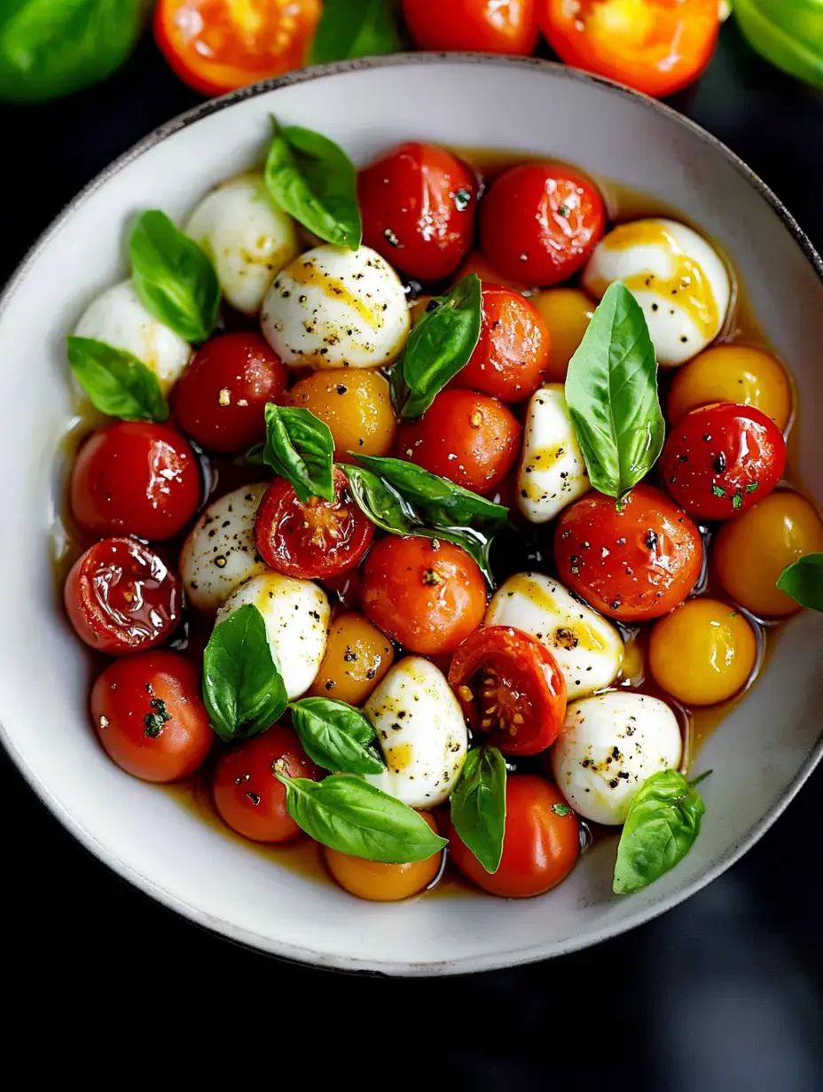 Un saladier rempli de tomates cerises colorées, boules de mozzarella et basilic, nappés d'huile d'olive et d'herbes.
