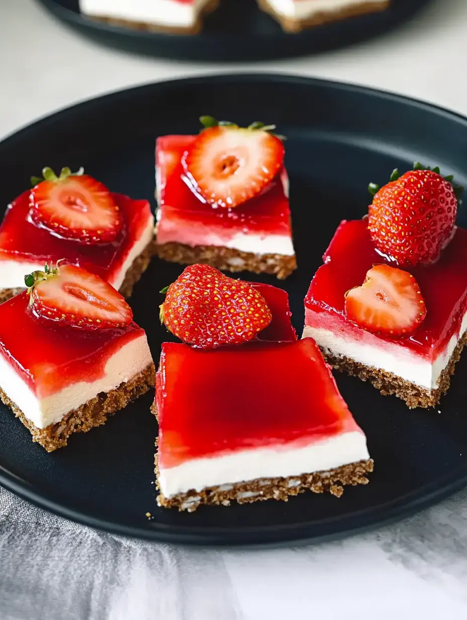 Une assiette garnie de carrés à la crème et fraises, superposés de gelée brillante rouge et décorés de fraises fraîches.