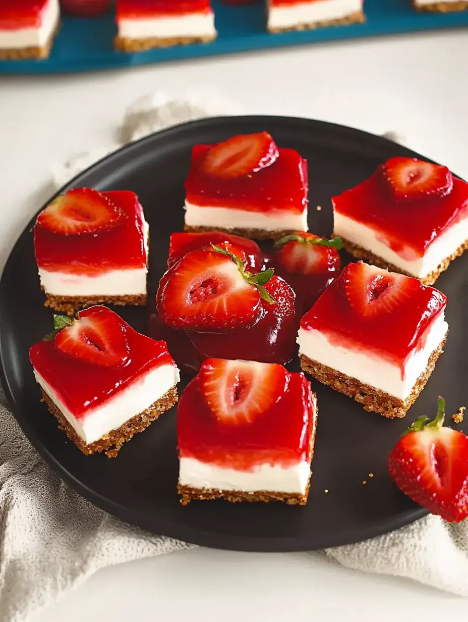 Assiette noire avec des parts rectangulaires sucrées à la fraise, décorées de gelée brillante et morceaux de fraise fraîche.