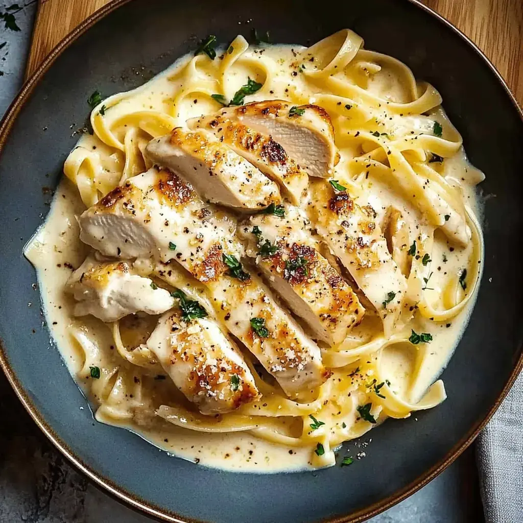 Une assiette de fettuccine nappées d’une sauce crémeuse et garnies de poulet émincé, avec quelques herbes fraîches.