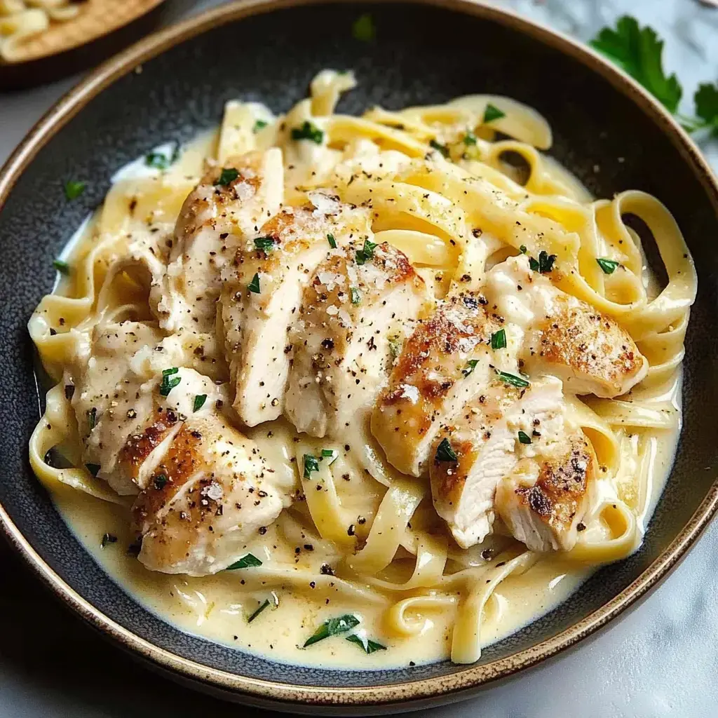 Un bol de fettuccine crémeuses avec des lamelles de poulet doré et du persil.