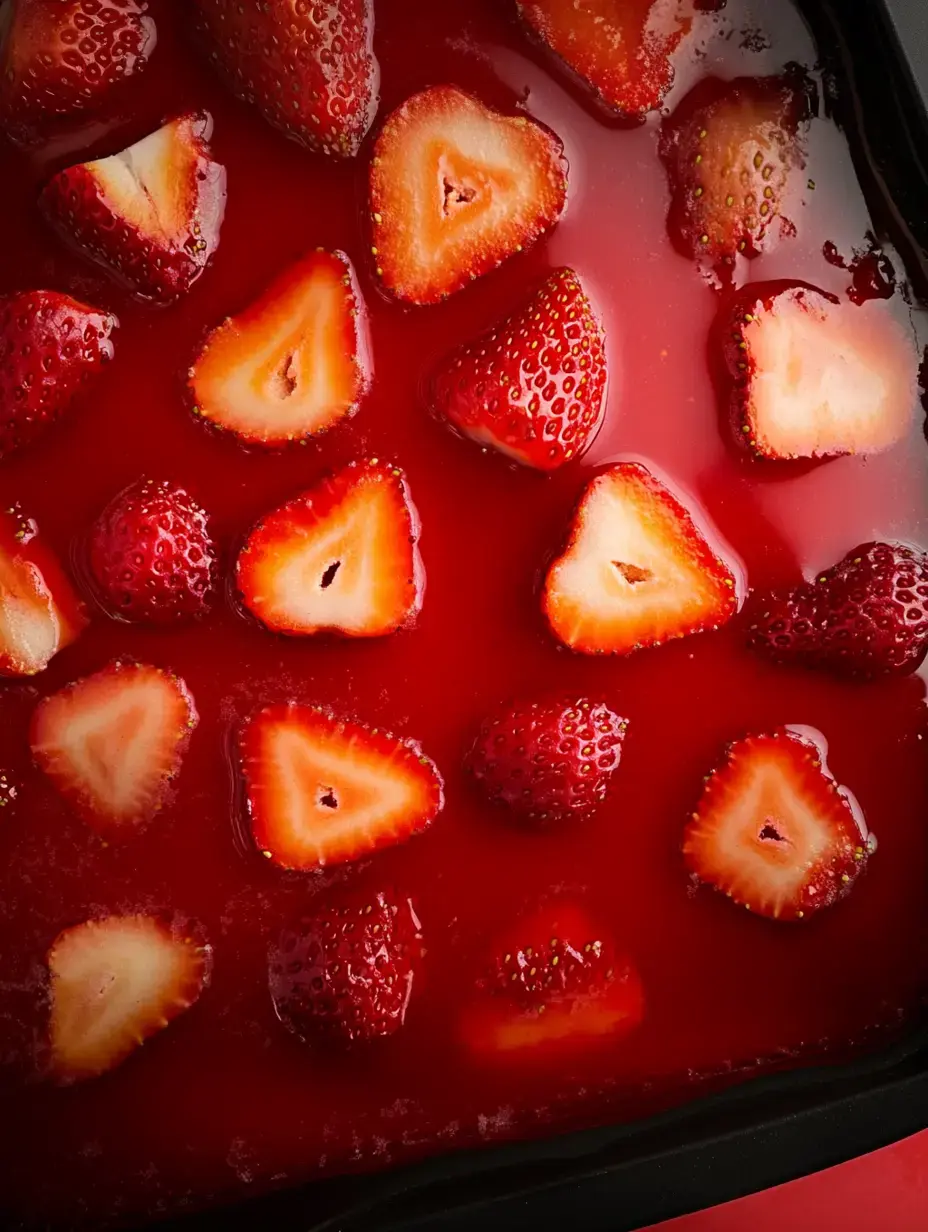 Gros plan sur des tranches de fraise nappées de gelée rouge bien brillante.