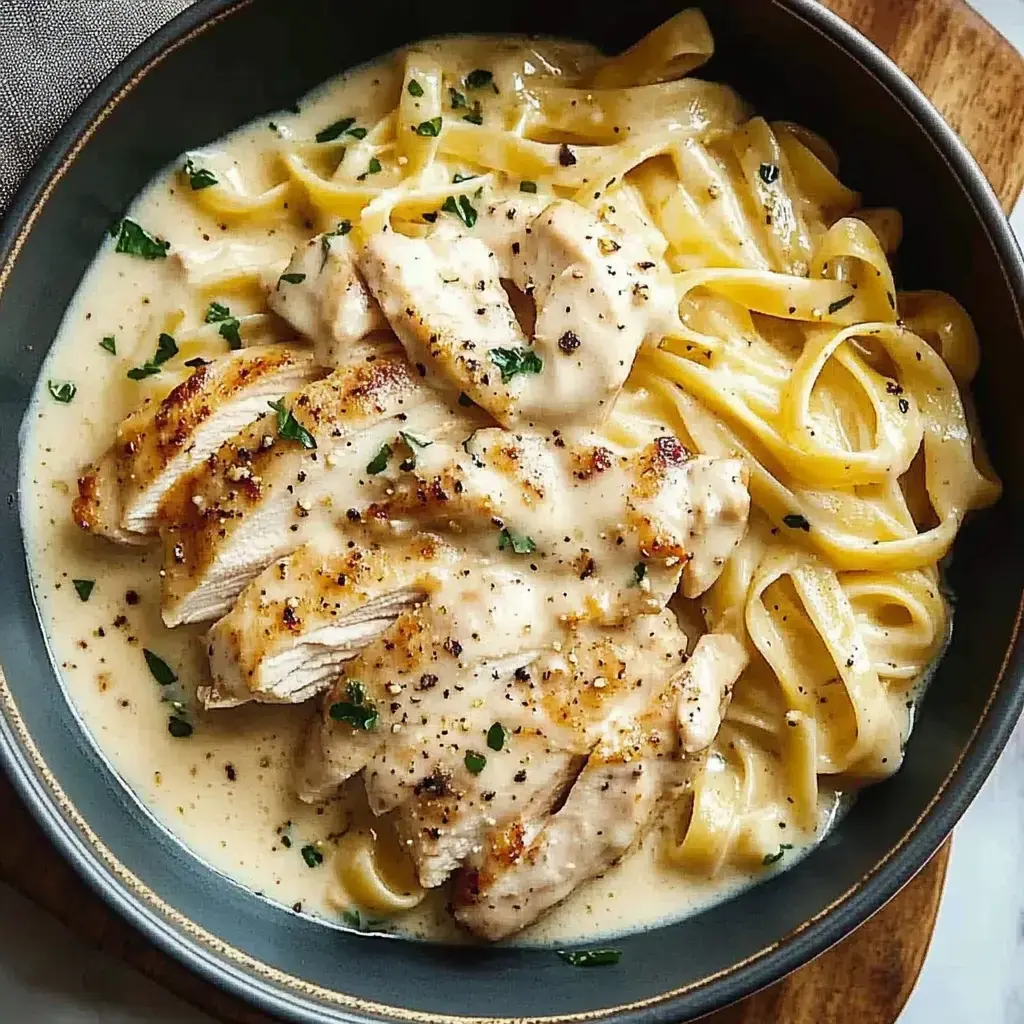 Un bol de fettuccine nappées de sauce crémeuse et parsemé de persil et de poulet en lamelles.