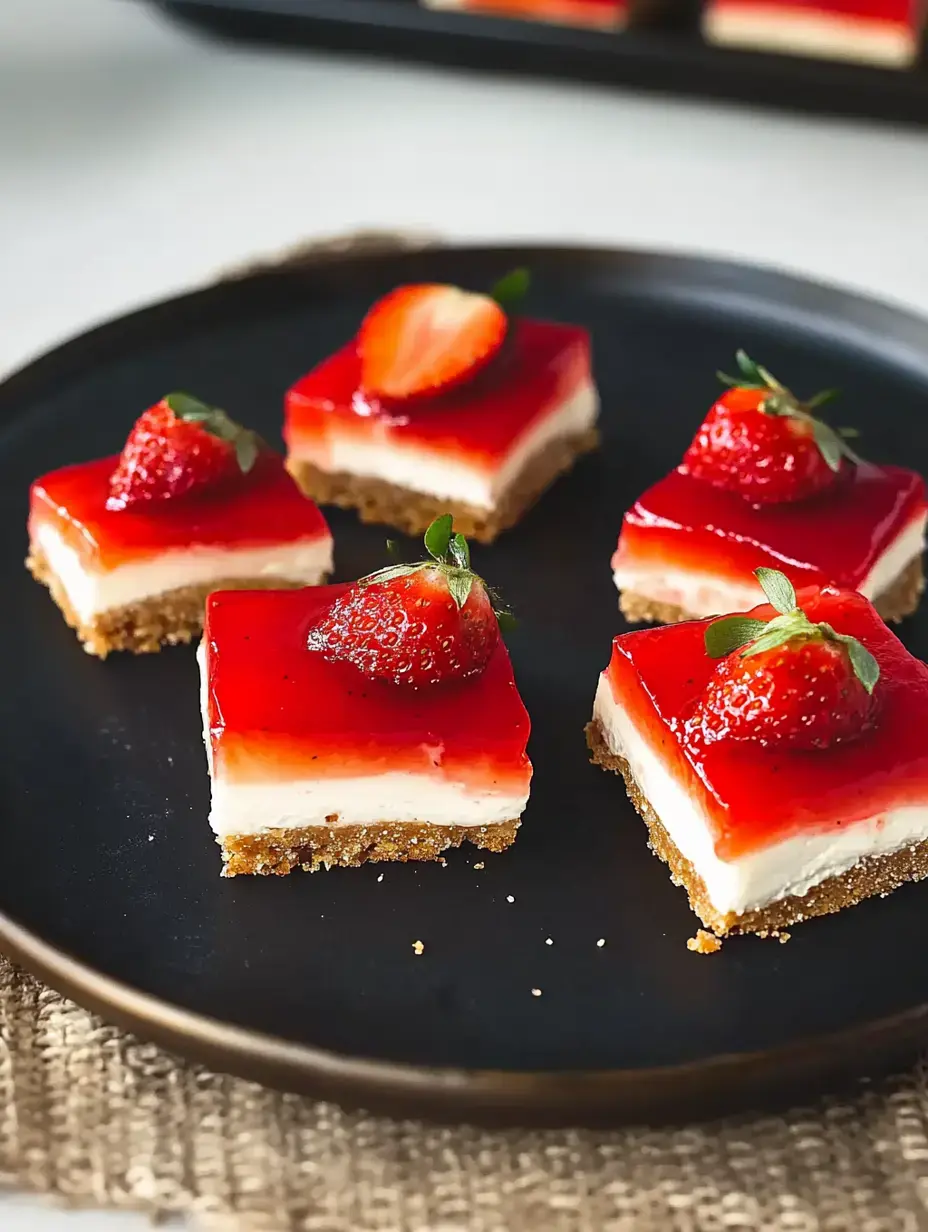 Une assiette garnie de carrés façon cheesecake à la fraise, parés de gelée fruitée brillante et de fraises fraîches.