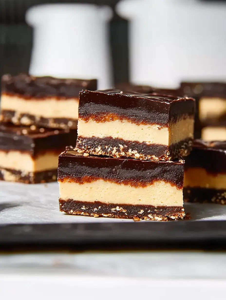 Une pile de barres dessert chocolatées et au beurre de cacahuète sur du papier cuisson.